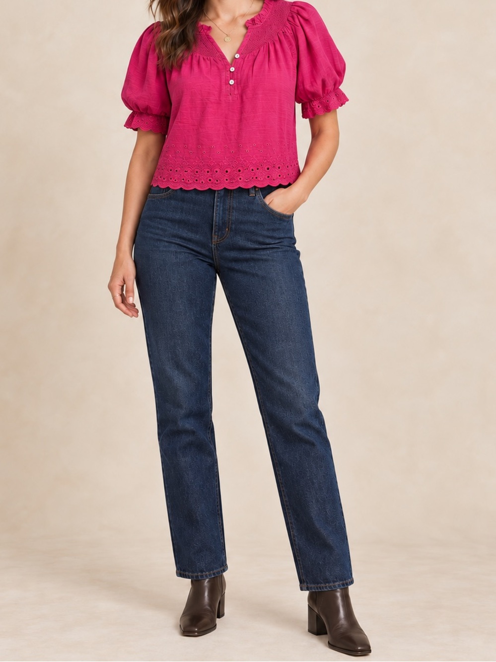 House of Harlow 1960 Cotton Puff Sleeve Blouse XS Fuschia Smocked Short Sleeve